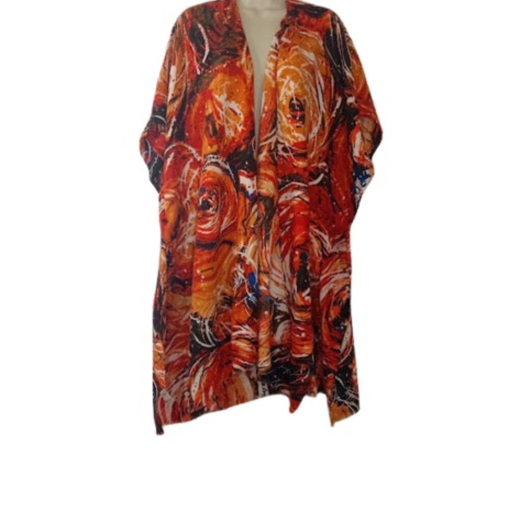 Styline Womens Kimono Orange Combo Frayed Hem Tribal OS New